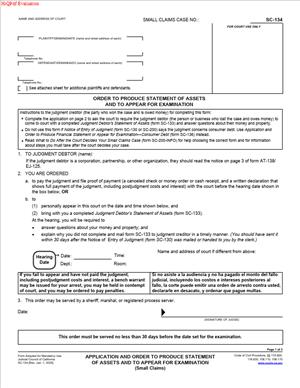 SC-134-Application and Order to Produce Statement of Assets and to Appear For Examination