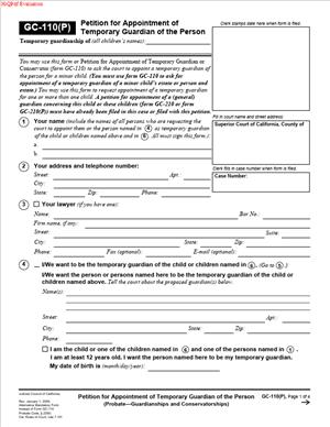 T116 Form.pdf GC-110(P) - Petition for Appointment of Temporary Guardian of the ...