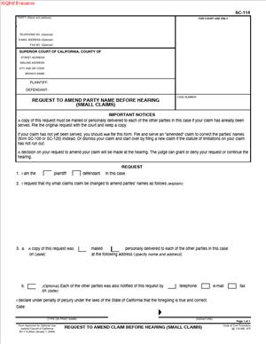SC-114 Request to Amend Party Name Before Hearing (Small Claims)
