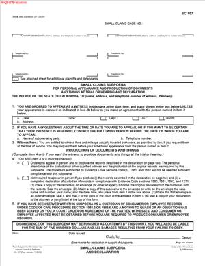 SC-107 – Small Claims Subpoena for Personal Appearance and Production of Documents and Things at Trial or Hearing and Declaration