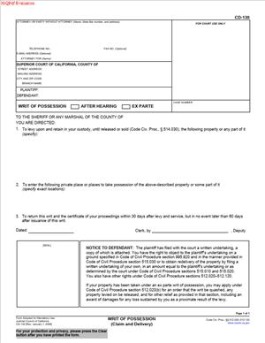CD-130 – Writ of Possession