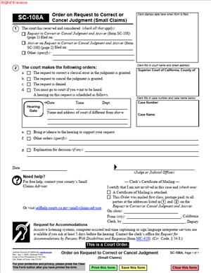 SC-108A- Order on Request to Correct or Cancel Judgment (Small Claims)