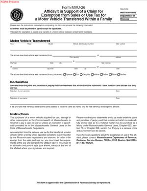 Form MVU-26 – Affidavit in Support of a Claim for Exemption from Sales or Use Tax for a Motor Vehicle Transferred Within a Family