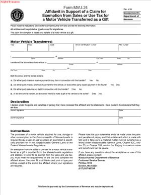 Form MVU-24 – Affidavit in Support of a Claim for Massachusetts Exemption from Sales or Use Tax for a Motor Vehicle Transferred as a Gift