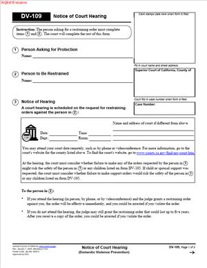 DV-109 - Notice of Court Hearing (Domestic Violence Prevention)