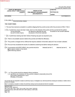 JC 10 - Order after Preliminary Hearing or Inquiry (Delinquency)