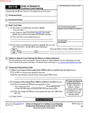 DV-116 - Order on Request to Continue Court Hearing (Temporary Restraining Order) (CLETS-TRO) (Domestic Violence Prevention)