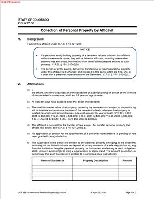 JDF 999 - Collection of Personal Property by Affidavit