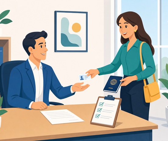 Illustration of a new employee handing identity documents to an employer completing Form I-9 employment eligibility verification at a desk.