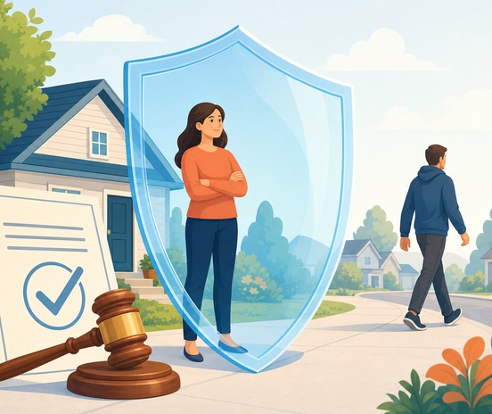 Illustration of a person protected by a shield from a harassing neighbor, representing a civil harassment restraining order in California.