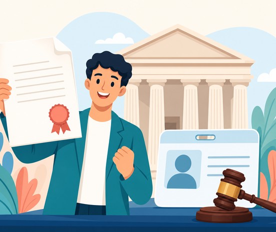 Illustration of a person holding a court order outside a courthouse after completing a legal name change in the United States