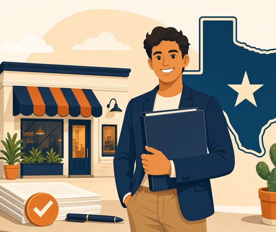Small business owner holding formation documents in front of a new storefront with a Texas state outline, illustrating how to start a Texas LLC in 2026