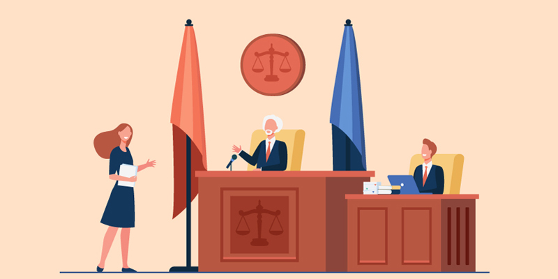Illustration of a person filing a claim in the Ontario Small Claims Court, placing a completed form in a tray with a courthouse in the background.