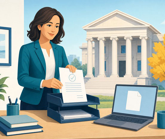 Illustration of a person filing a claim in the Ontario Small Claims Court, placing a completed form in a tray with a courthouse in the background.