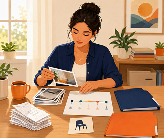 Self-represented person organizing exhibits for a California small claims trial