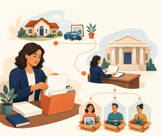 California probate process illustrated with an executor organizing estate documents through court review and final distribution