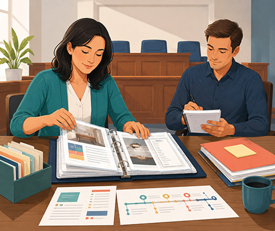Person organizing evidence and witness materials for an Ontario Small Claims Court trial