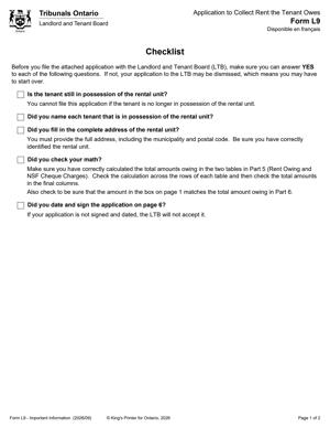 FORM L9 - Application to Collect Rent the Tenant Owes