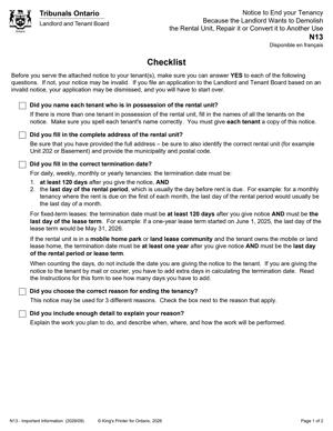 N13 - Notice to End your Tenancy Because the Landlord Wants to Demolish the Rental Unit, Repair it or Convert it to Another Use