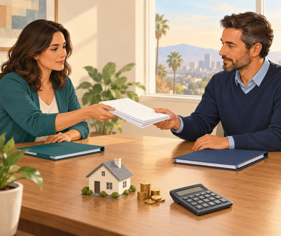 Spouses exchanging financial records for California divorce disclosure, with folders and a model home on the desk.