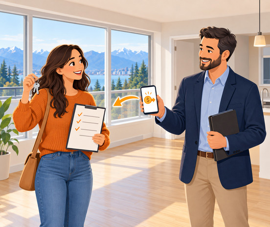 BC security deposit return illustration showing a tenant documenting a clean move-out and receiving the deposit