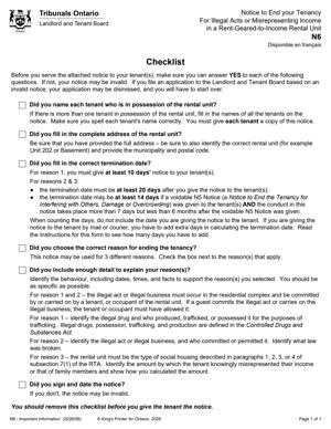 N6 – Notice to End your Tenancy for Illegal Acts or Misrepresenting Income in a Rent-Geared-to-Income Rental Unit