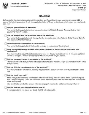 L1 – Application to Evict a Tenant for Non-payment of Rent and to Collect Rent the Tenant Owes