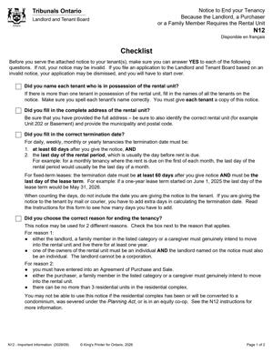 N12 – Notice to End your Tenancy Because the Landlord, a Purchaser or a Family Member Requires the Rental Unit