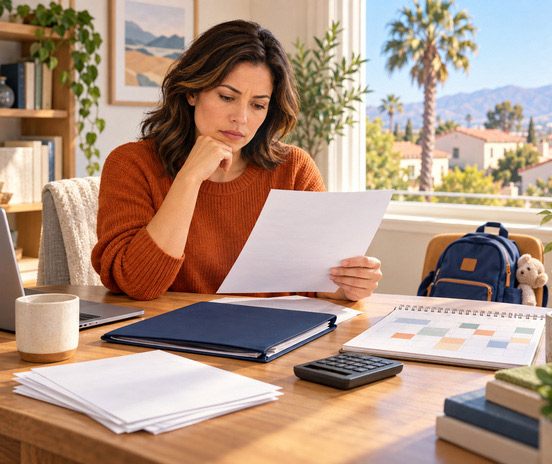 Parent reviewing income records and a parenting calendar to change child support in California.