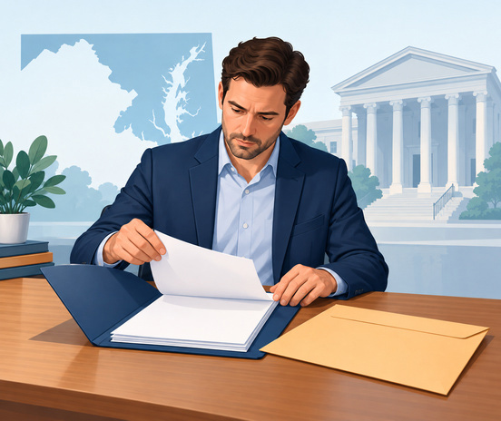 Filing for divorce in Maryland illustration showing a focused adult organizing a court document packet beside a service envelope.
