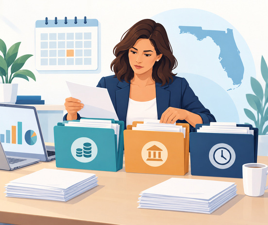 Florida divorce financial disclosure illustration showing a focused person organizing financial records and deadlines.