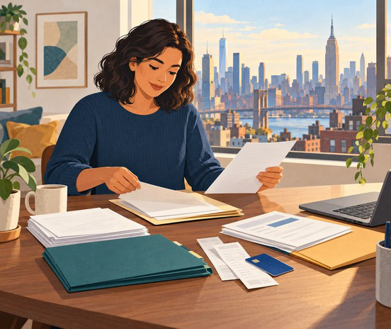 Person sued for credit card debt in NYC organizes a court summons and payment records.
